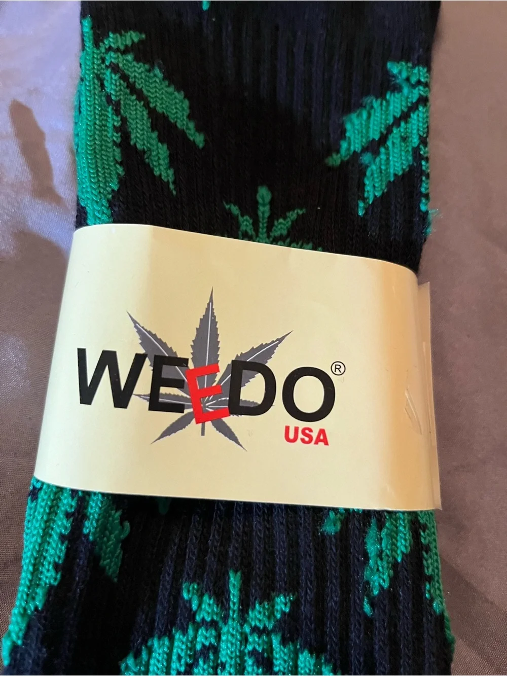 WEEDO Black Crew Socks with Green Leaf Pattern
